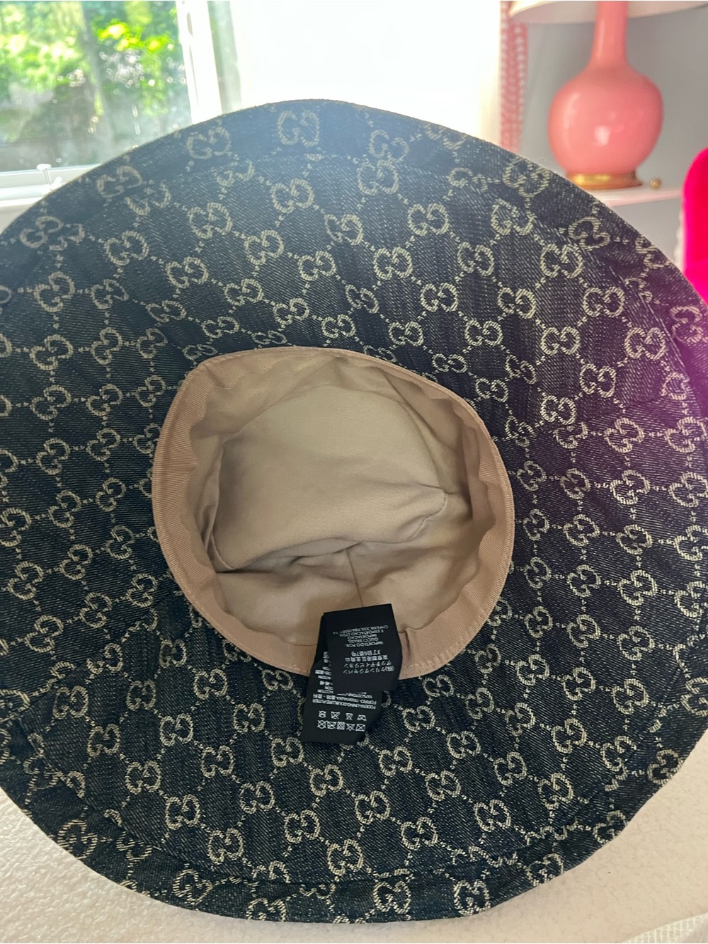 Gucci Navy Blue GG Denim Bucket Hat with Beige Monogram - Picture 2 of 3